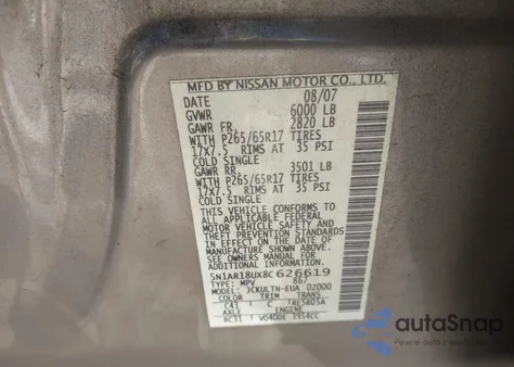 2008 Nissan Pathfinder S/Le/Se из США, поврежденный, VIN 5N1AR18UX8C626619